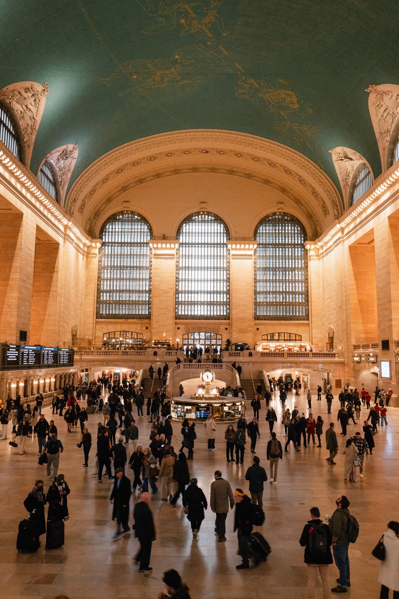 The main concourse of Grand Central Terminal in golden light, in colour